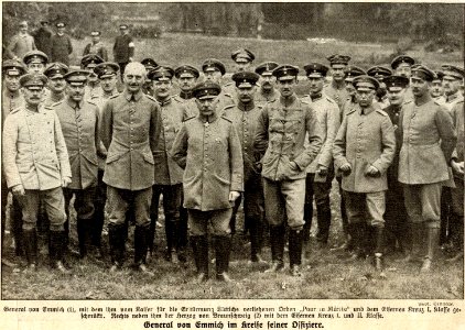 1914 Robert Sennecke Kriegsfotografie Zeitungsdruck General von Emmich im Kreise seiner Offiziere