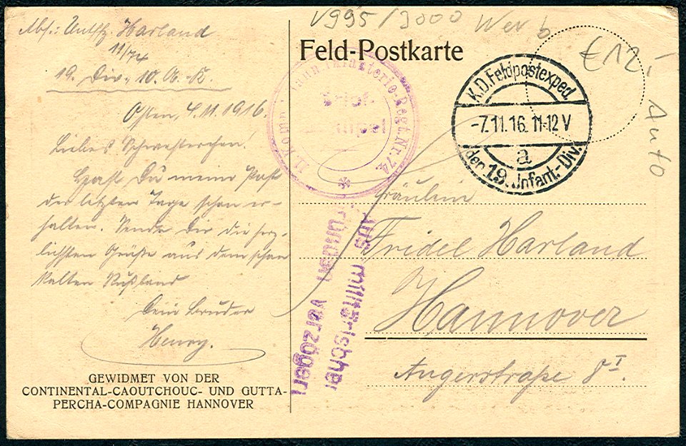 1914-08-02 Mobilmachung Erster Weltkrieg Welfenplatz Hannover (111) 7. November 1916 Unteroffizier Henry Harland an Friedel, Angerstraße 8