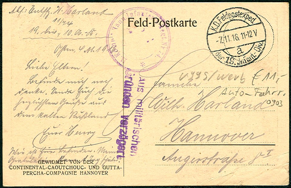 1914-08-02 Mobilmachung Erster Weltkrieg Welfenplatz Hannover (117) 7. November 1916 Unteroffizier Henry Harland an Wilhelm, Angerstraße 8