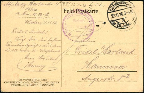 1914-08-02 Mobilmachung Erster Weltkrieg Welfenplatz Hannover (125) 22. November 1916 Unteroffizier Henry Harland an Friedel, Angerstraße 8