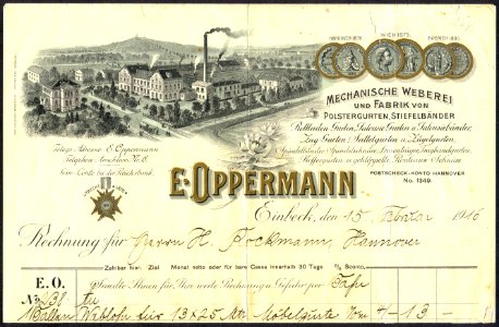 1916-02-15 Briefkopf E. Oppermann, Mechanische Weberei und Fabrik von Polstergurten, Stiefelbänder, an H.Rockmann, Hannover, Druck von Carl Weddigen, Barmen-R