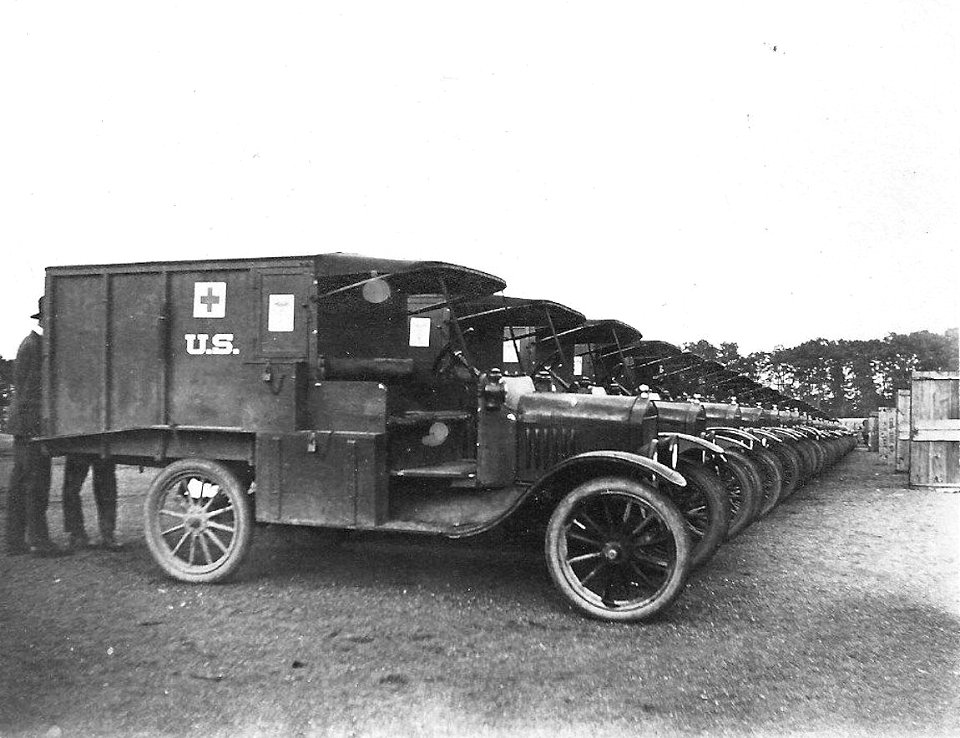 1918 - Camp Crane - Ambulances Pparked in Row