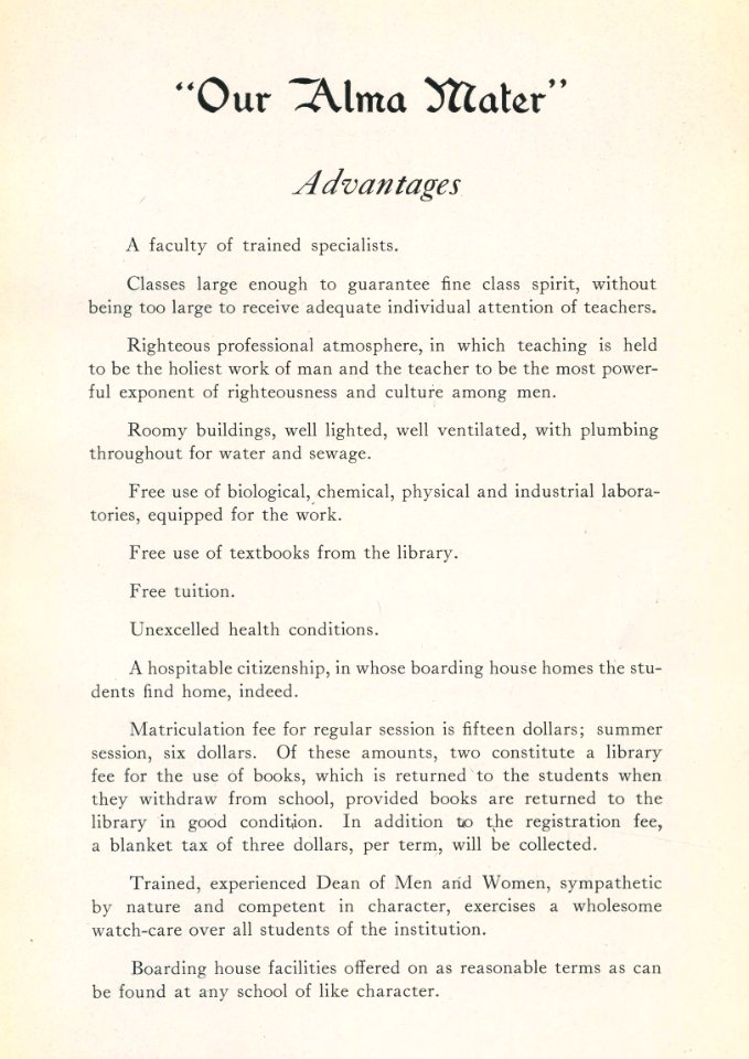 1920 Locust yearbook p. 216 (Out Alma Mater- Advantages)
