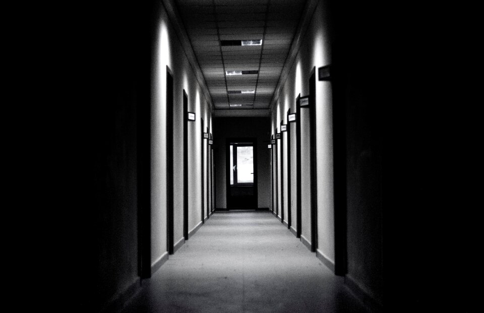 Infrastructure black and white hallway photo