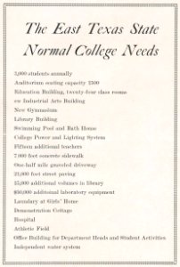 1922 Locust yearbook p. 253 (The East Texas State Normal College Needs)
