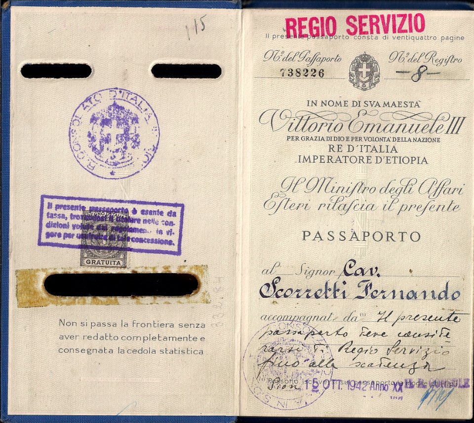 1938 Italian regular passport changed during the war to a SERVICE passport