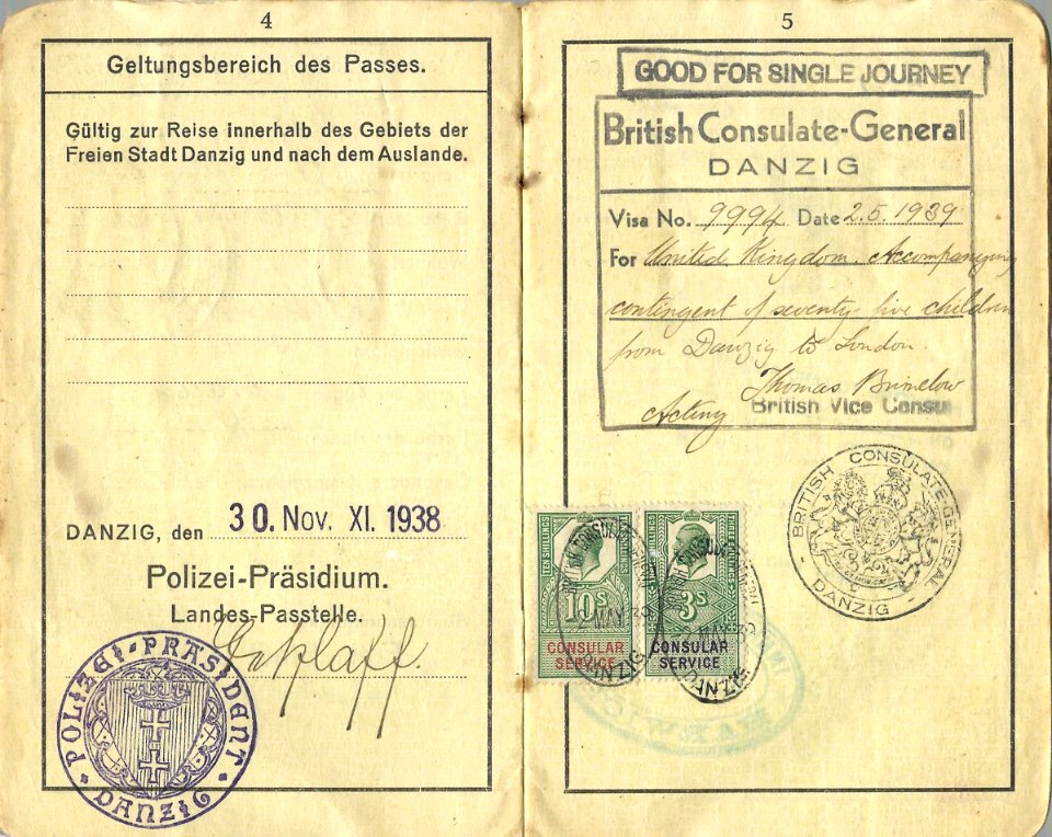 1939 visa issued to a Jewish woman who was accompanying a Kindertransport from Danzig to the UK