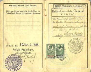 1939 visa issued to a Jewish woman who was accompanying a Kindertransport from Danzig to the UK