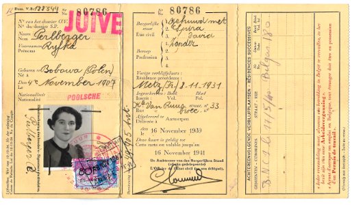 1939 Belgium ID card issued to a Polish Jewish woman with over-tamp for JUIVE