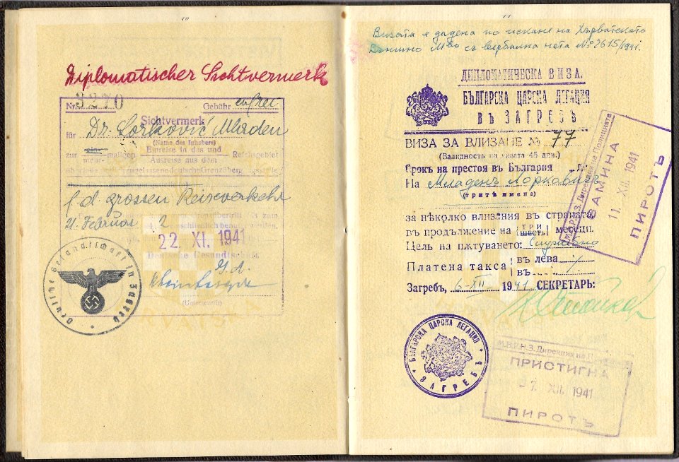 1941 German Diplomatic visa issued to Dr. Mladen Lorkovic to attend the Anti-Comintern conference in Berlin