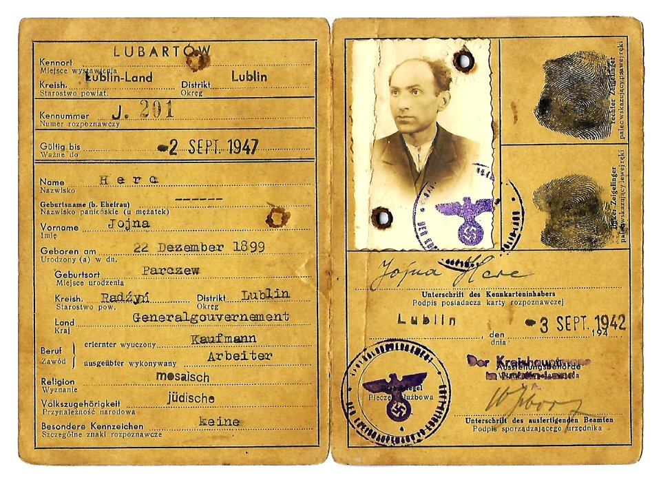 1942 German issued ID to a Jewish man from the area of Lublin who was a slave worker at the Trawniki camp. The holder was murdered during Aktion Erntefest