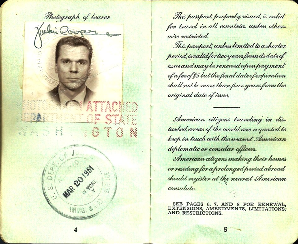 1950 US passport issued to Jackie Cooper for his trip to the UK