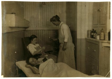 1st Aid- Kerr Thread. Rest room - one step beyond the emergency box. Doctor who can be called. Are enlarging this to a small hospital room. 17 year old workers. Not a trained nurse but gives LOC cph.3b33409