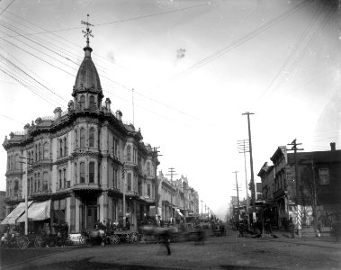 1st Ave looking northwest from Yesler Way toward the Yesler-Leary Building, Seattle, 1888 (WARNER 619) photo