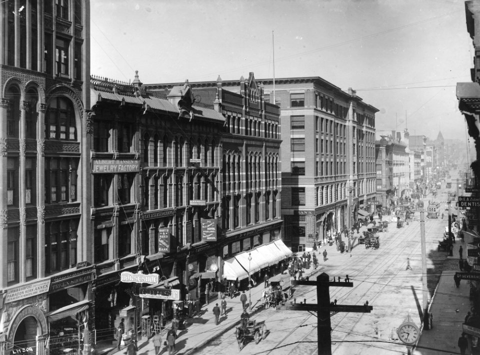 1st Ave looking north from Cherry St, Seattle, ca 1906 (WARNER 640)