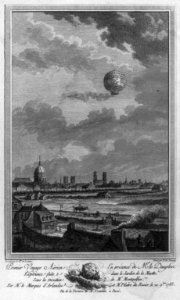 1st human balloon ascension; balloon with Pilatre de Rozier and Marquis d'Arlandes above Paris. Nov. 1783 LCCN2005684858