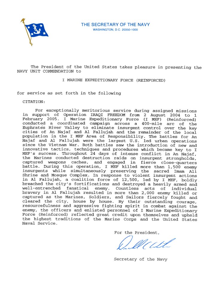 1st Marine Expeditionary Force (I MEF) Navy Unit Commendation Citation 2004-2005 Iraq