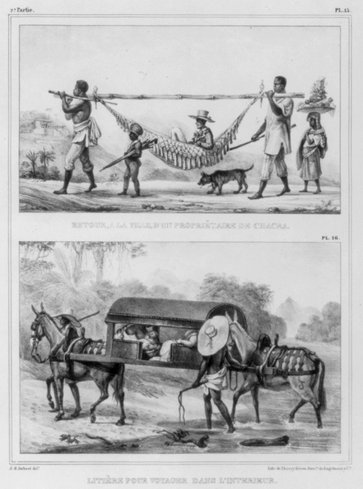 2 Blacks carrying gentleman in hammock attached to pole; also 2 mules carrying man in sedan chair LCCN2005684870
