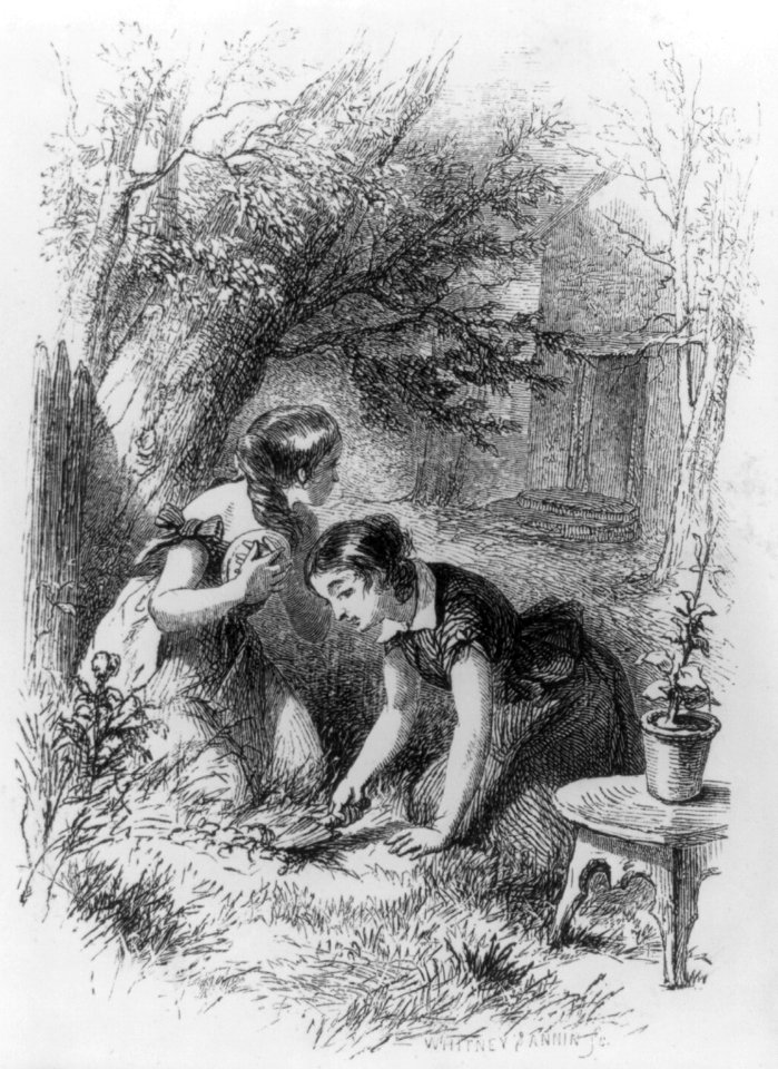 2 girls burying plate in ground LCCN2005679953