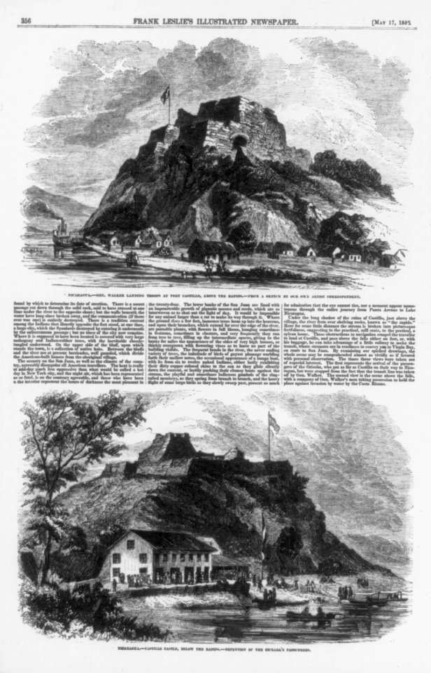 2 illus.)- 1. Nicaragua - Gen. Walker landing troops at Fort Castillo, above the rapids; 2. Nicaragua - Castillo Castle, below the rapids - Detention of the Orizaba's passengers LCCN99614036