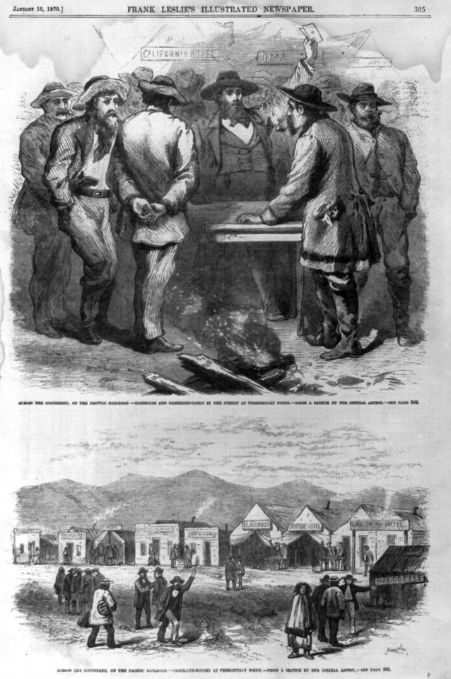 2 illus.)- 1. Across the continent, on the Pacific Railroad - gamblers and gambling-table in the street at Promontory Point; 2. Across the continent, on the Pacific Railroad - gambling LCCN99614011