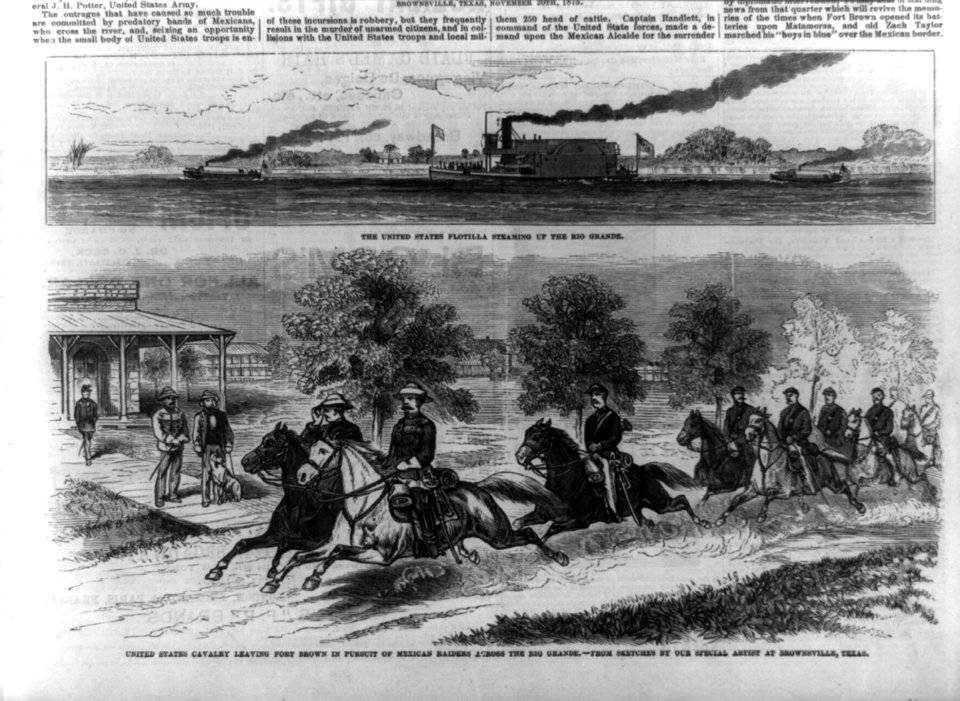2 illustrations- 1. The United States flotilla steaming up the Rio Grande; 2. United States Cavalry leaving Fort Brown in pursuit of Mexican raiders across the Rio Grande LCCN99614123