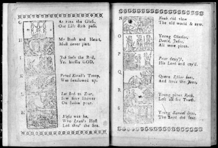 2 pages of New England Primer, 1773, with illus. of letters G through S; illus. and text have Biblical theme LCCN2005683585