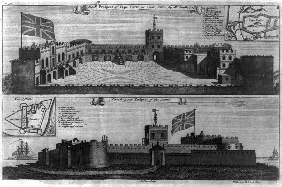 2 views of Cape Corse, or Coast Castle, by Mr. Smith, 1727; East and Northwest views of Cape Coast Castle, Gold Coast, West Africa LCCN2007677175