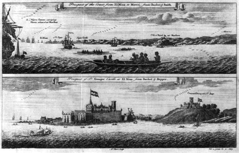 2 views of the Gold Coast of Africa- Prospect of the Coast from Elmina to Mowri, showing slaves being loaded on ship in foreground; Prospect of St. Georges Castle at Elmina LCCN2007677174