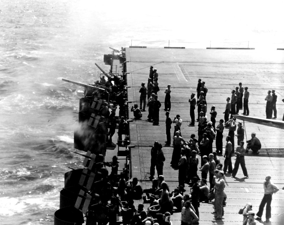 20mm guns aboard USS Enterprise (CV-6) fire during a gunnery drill, 3 April 1942 (80-G-16955)