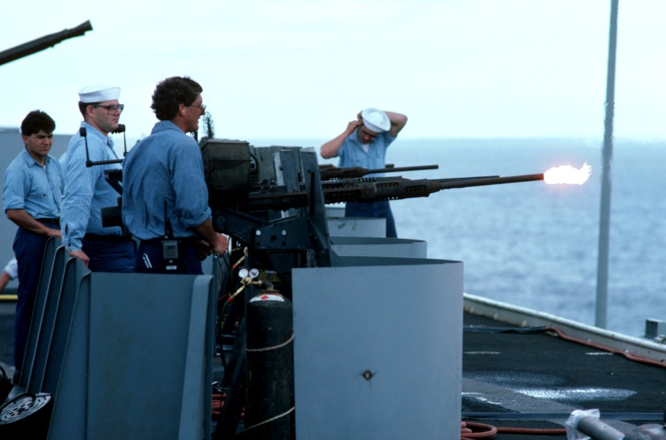 20mm gun is fired during filming of War and Remembrance on USS Lexington (AVT-16) in 1987