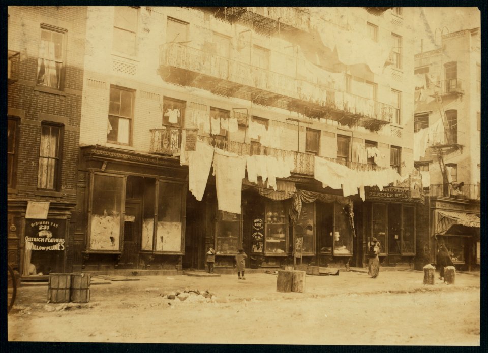 223 E. 107th St., N.Y. Rent sign states that these are 'Eleganti Apartmenti.' License was recently revoked and after that, our investigator found eight families doing home-work there. It is LOC cph.3a31135