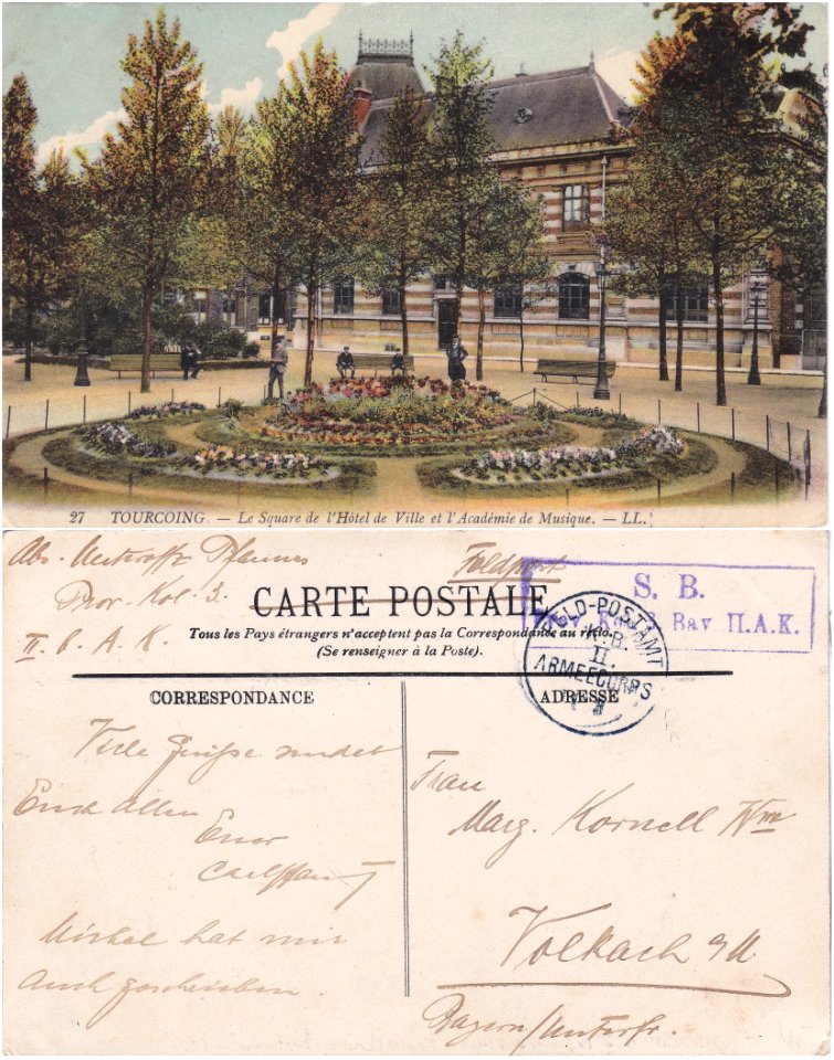 27. Tourcoing. — Le Square de l'Hôtel de Ville et l'Académie de Musique. – LL v°-r°