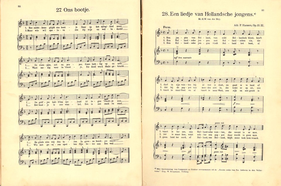 27 Ons bootje, pagina 32 & 28 Een liedje van Hollandsche jongens, pagina 33