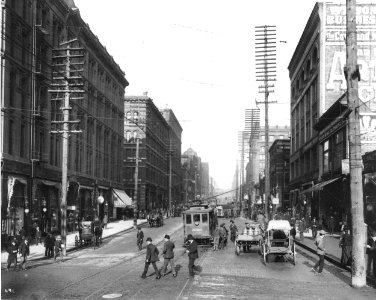 2nd Ave looking north from Yesler Way, Seattle, Washington, 1901 (CURTIS 2053)