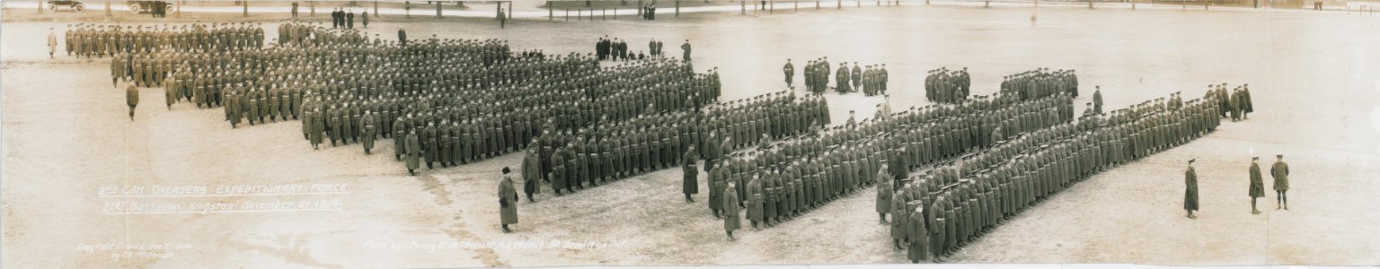 2nd Canadian Overseas Expeditionary Force, 21st Battalion, Kingston, Nov. 21, 1914. In quarter column formation (HS85-10-29775)