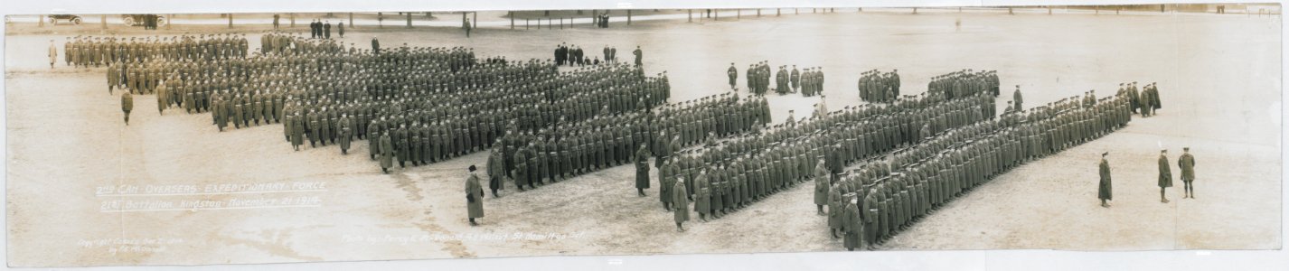 2nd Canadian Overseas Expeditionary Force, 21st Battalion, Kingston, Nov. 21, 1914. In quarter column formation (HS85-10-29775) original