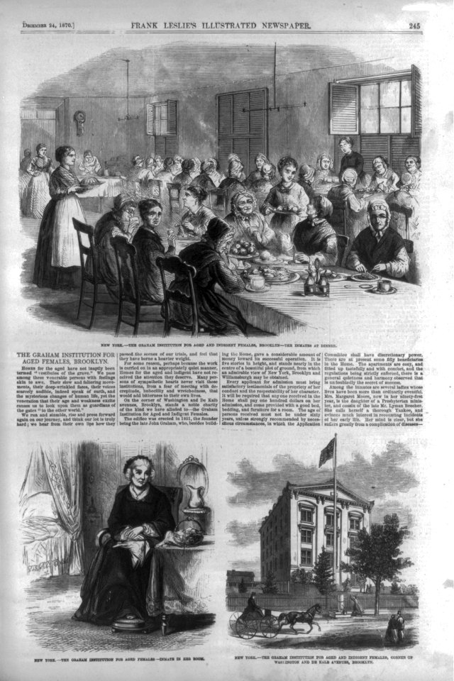 3 illus. of The Graham Institution for Aged and Indigent Females, Brooklyn, N.Y.- 1. The inmates at dinner; 2. Inmate in her room; 3. Exterior LCCN99614056