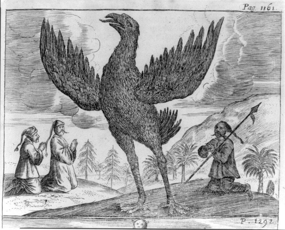 3 Asian men on their knees praying to large bird LCCN2002705537