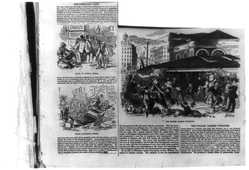 3 New York City street scenes showing ill-paved thoroughfares- The Fulton Market Nuisance and Scene in Nassau Street LCCN99614029