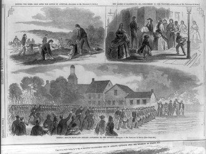 3 scenes of Battle of Antietam, Md. Aug. 1862)- burying the rebel dead after the Battle...; The ladies of Hagerstown...ministering to wounded; Gen. Kenly's Md. Brigade (marching through LCCN2006687474