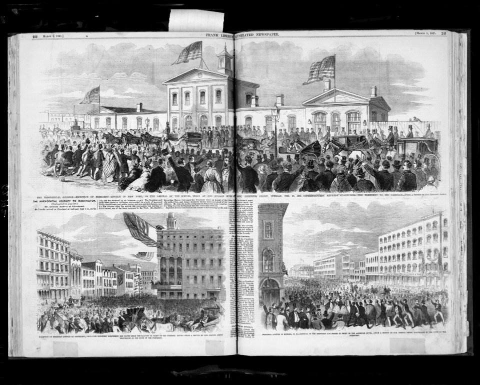 3 illus.- 1. The Presidential journey - Reception of President Lincoln in New York, on the arrival of the special trains at the Hudson River R. depot, Thirtieth Street, Thursday, Feb. 19, LCCN99614052
