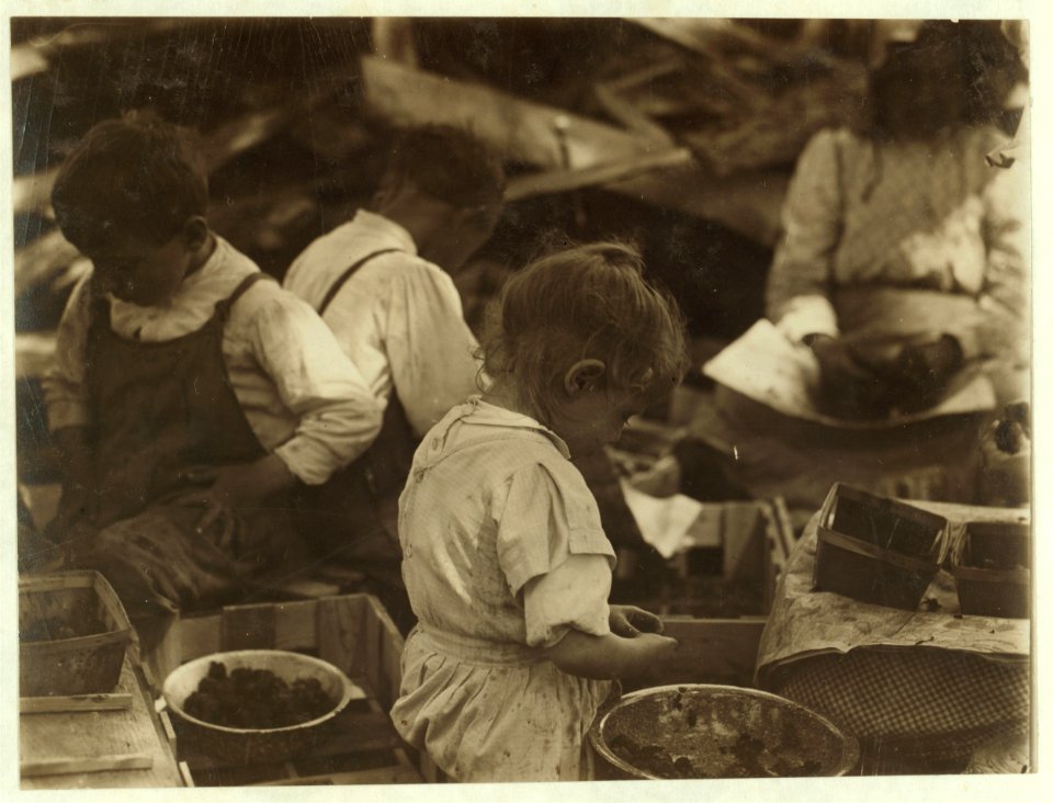 3 year old girl and 2 boys hulling berries at Johnson's Canning Camp, Seaford, Del. LOC nclc.00791