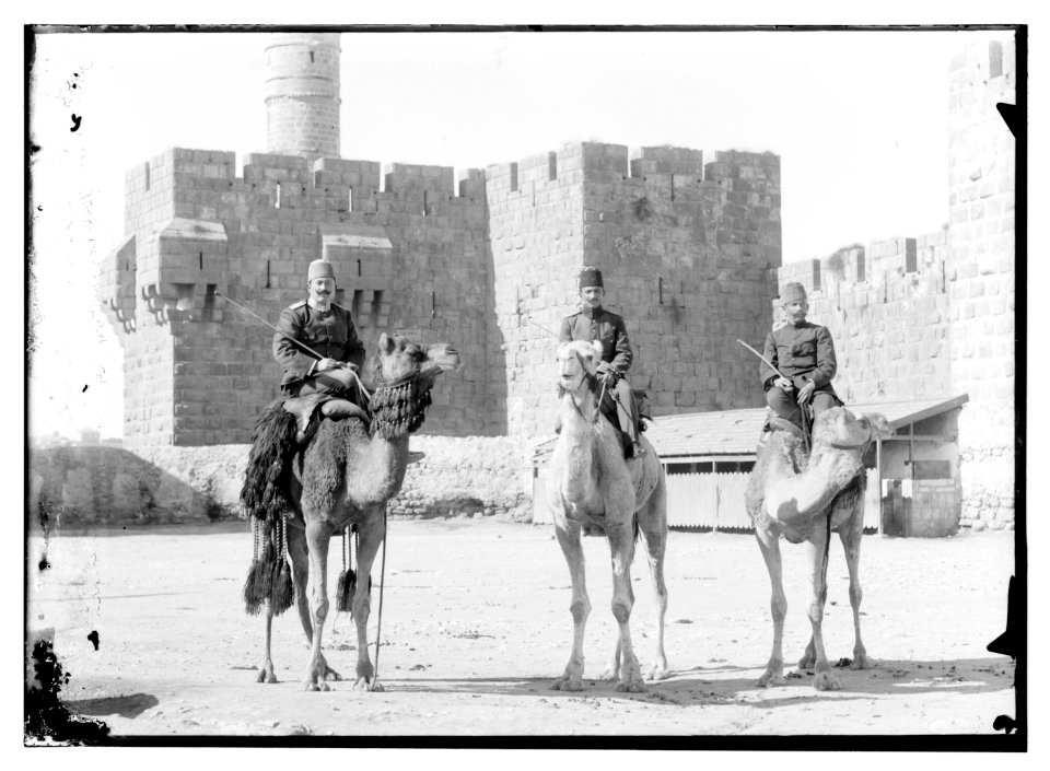 3 Turk. (i.e., Turkish) officers on camels before Tower of David LOC matpc.08139