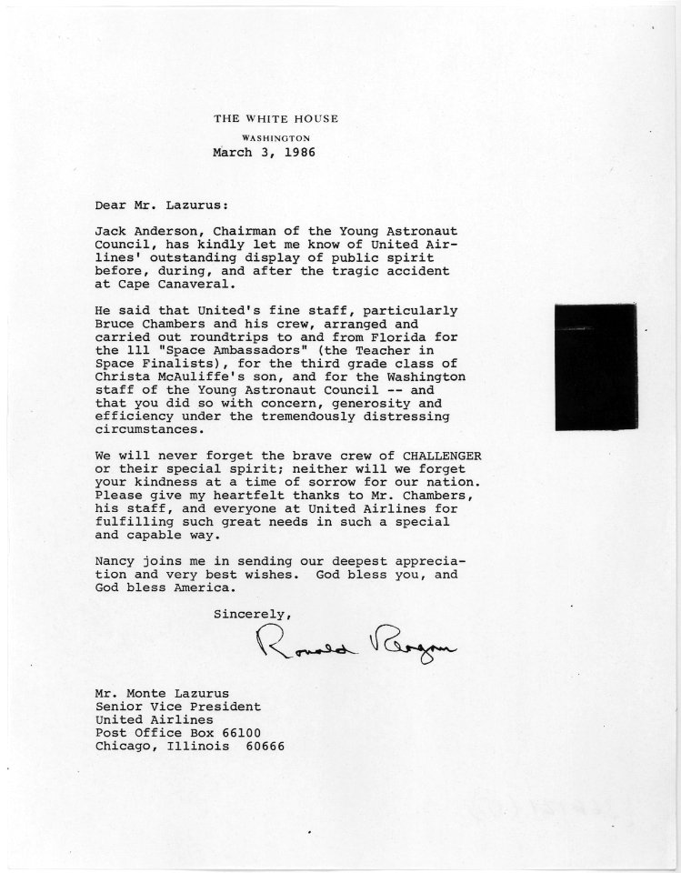 3-3-1986 letter from Ronald Reagan to Monte Lazurus (Senior Vice President, United Airlines) - NARA - 198427