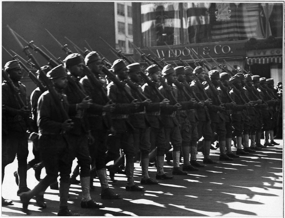 367th Regiment Infantry, The Buffaloes, presented with colors. The Buffaloes marching in revie . . . - NARA - 533597