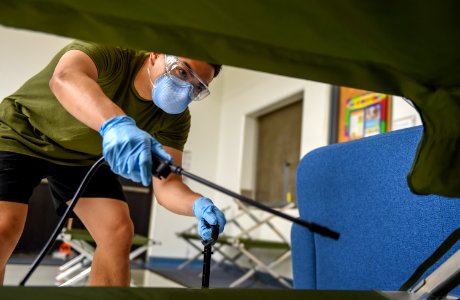 3rd Medical Battalion Corpsman sanitize facility for USS Theodore Roosevelt Sailors 200409-N-SS432-1010 (49774411121)