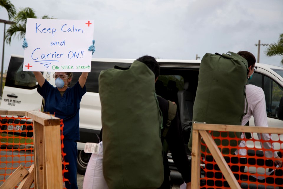 3rd Medical Battalion Sailors Support USS Theodore Roosevelt Sailors Departing Isolation 200502-M-RB959-1005 (49860554752)
