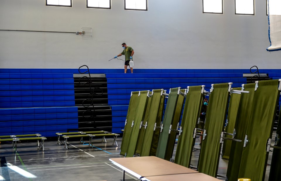 3rd Medical Battalion Corpsman sanitize facility for USS Theodore Roosevelt Sailors 200409-N-SS432-1027 (49774742627)