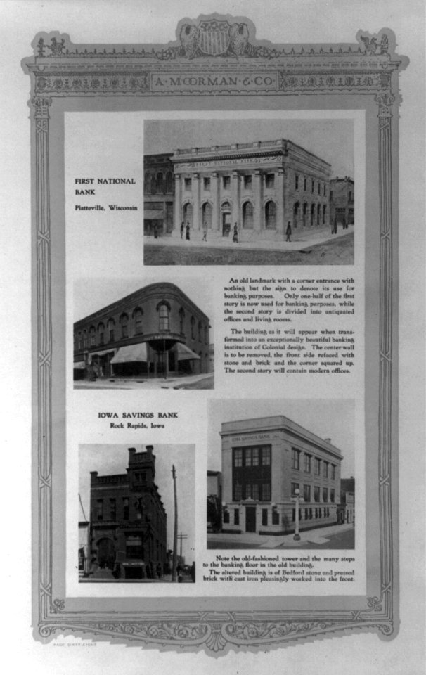 4 illustrations- old and new First National Bank, Platteville, Wisconsin; old and new Iowa Savings Bank, Rock Rapids, Iowa LCCN2002709743